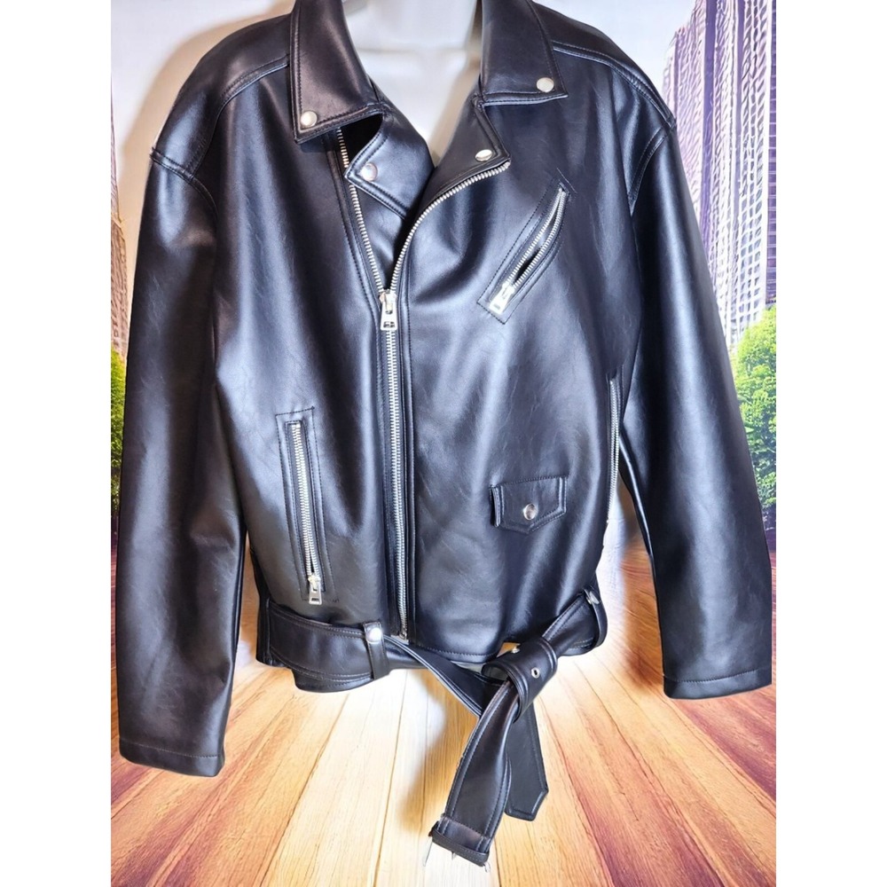 Topshop Women's 8 Black Faux Leather Biker Moto Jacket Cropped Belted